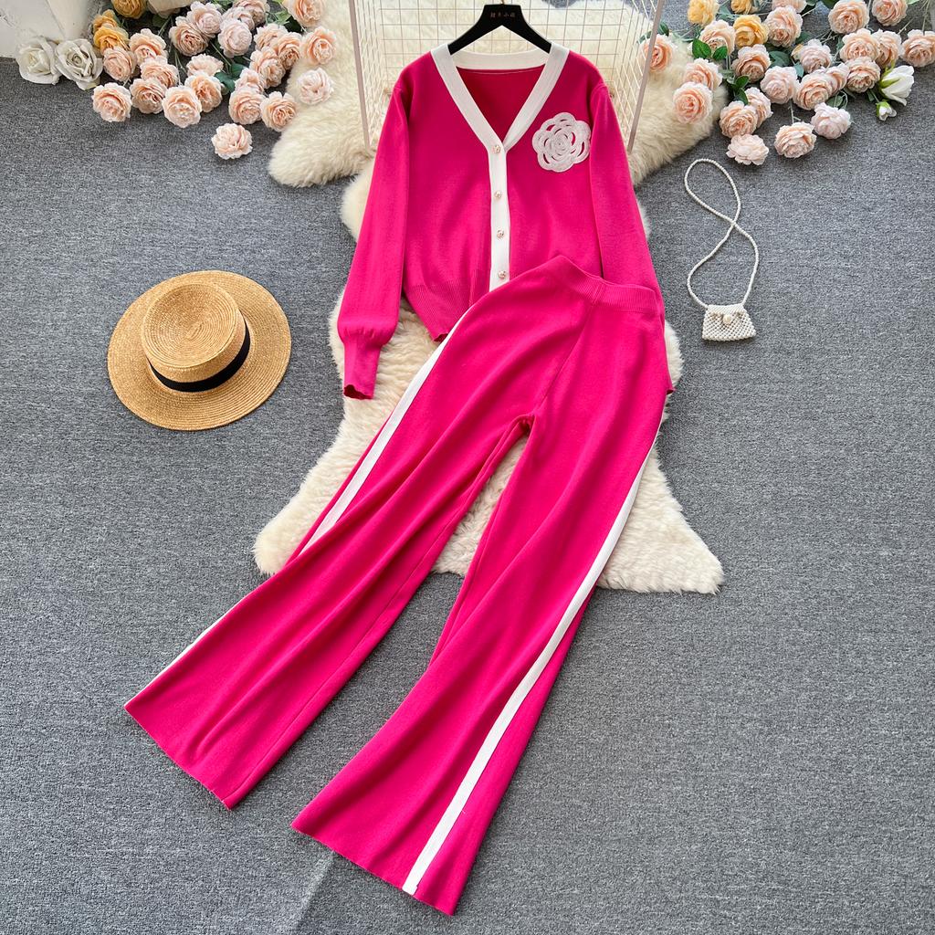 Высококачественный повседневный вязаный модный комплект знаменитостей для женщин, осенне-зимняя рубашка со свободными рукавами + драпированные брюки с высокой талией из двух предметов