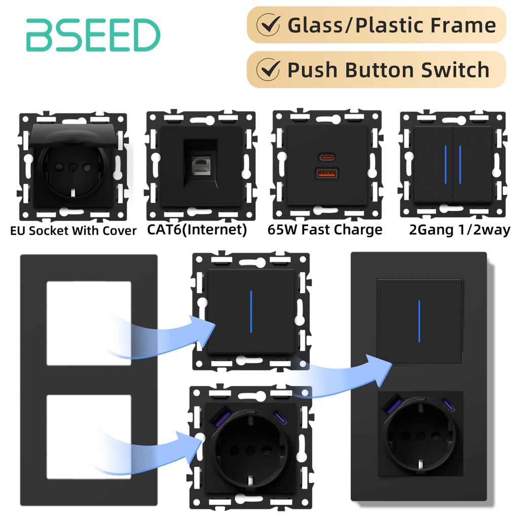 BSEED Switch DIY Modules Light Switch Parts Black Glass/Plastic Frame DIY Combination Wall Sockets TV CAT6 USB-C Charge Key