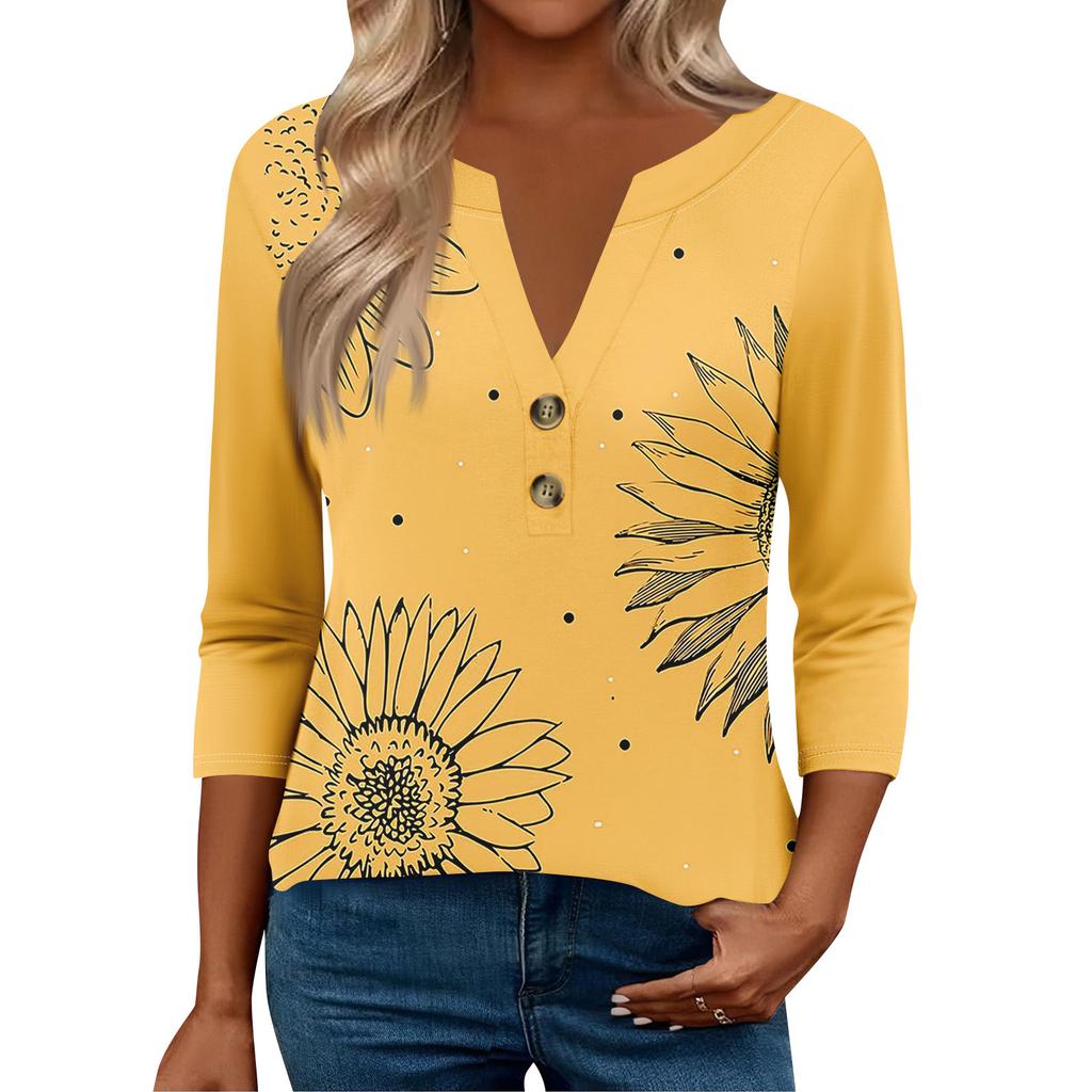 Женские топы с рукавом 3/4 для женщин, топы хенли на пуговицах с V-образным вырезом, нарядные летние женские топы свободного кроя