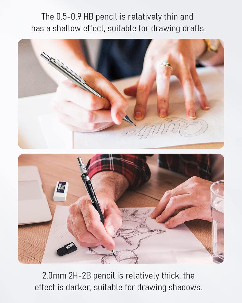 Набор механических карандашей Nicpro – Металлические карандаши с футляром, Держатель грифеля 0,5 мм / 0,7 мм / 0,9 мм / 2,0 мм, Включает графитовые стержни (2Б, ХБ, 2Н) & 12 сменных блоков