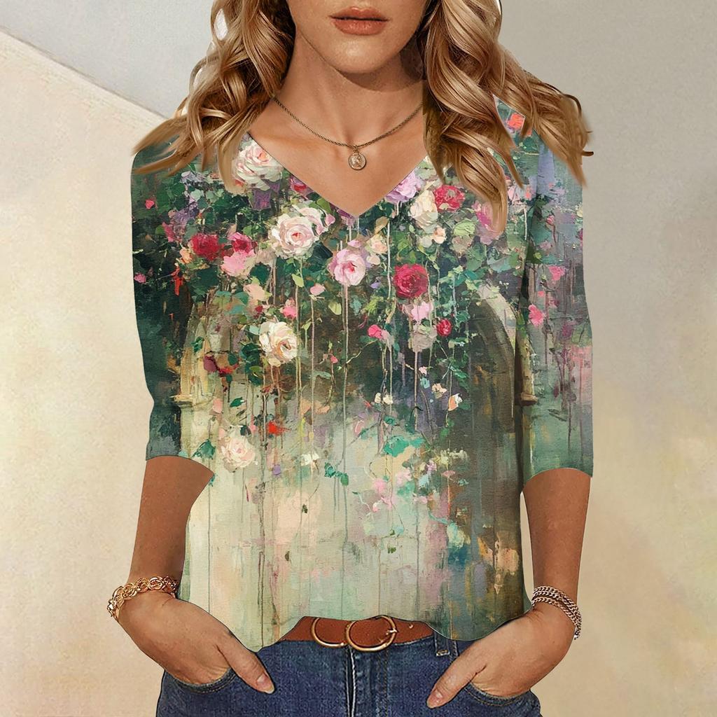 Женские топы, рубашка с рукавом три четверти, свободная повседневная рубашка с V-образным вырезом, футболка с цветочным принтом