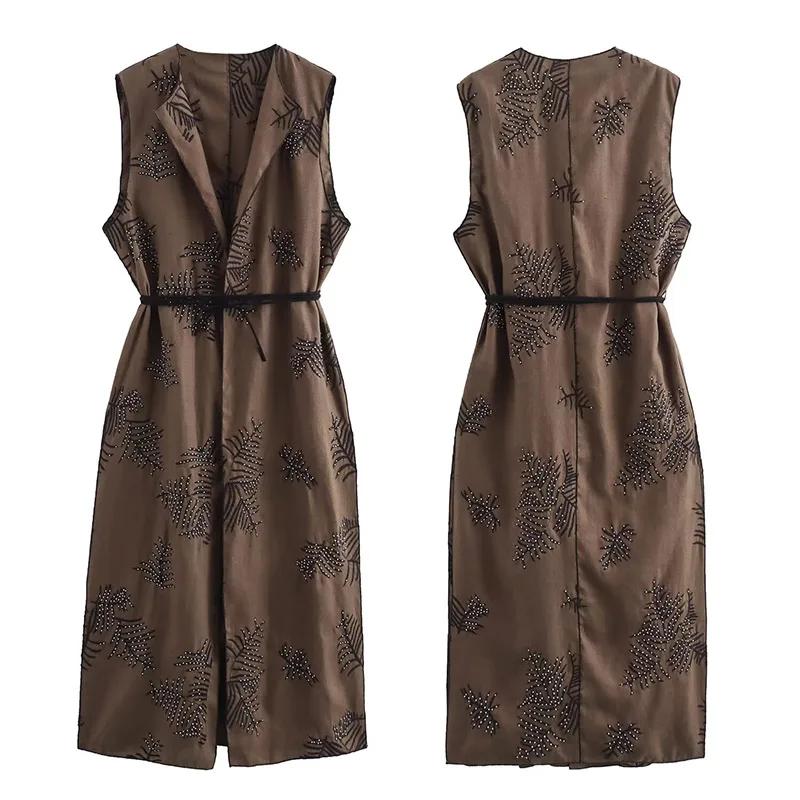 Модная вышитая майка для женщин в стиле ретро с круглым вырезом без рукавов с поясом длинный жилет лето осень уличные женские жилеты