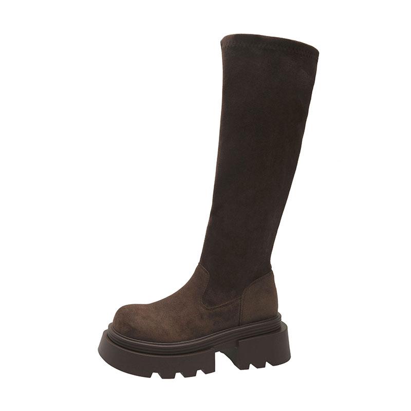 Fashion Winter Platform Thick Heel Woman Knee High Boot Concise Slip On Shoes Ladies Punk Style Knight Long Booties