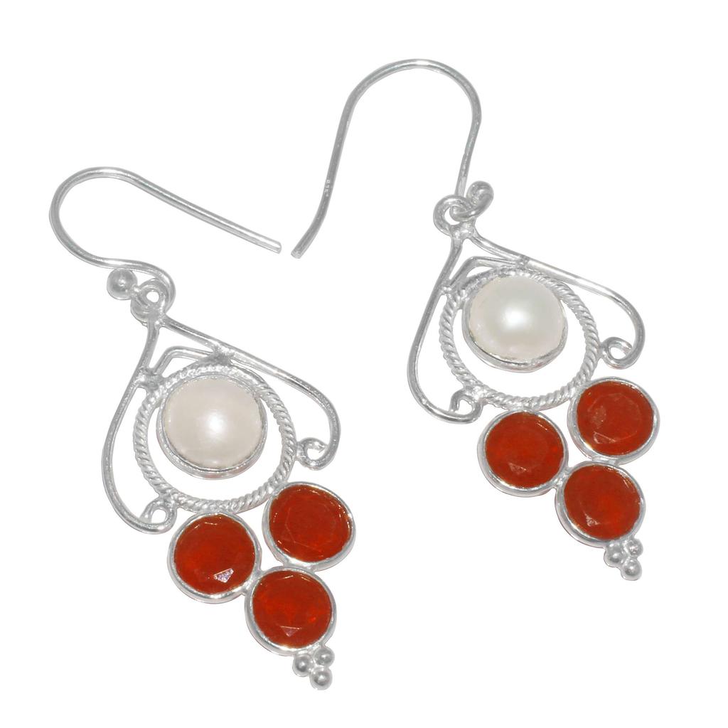 Carnelian, Pearl Gemstone Earrings Solid 925 Sterling Silver Handmade Earrings Jewelry Gift For Women And Girls E-2065
