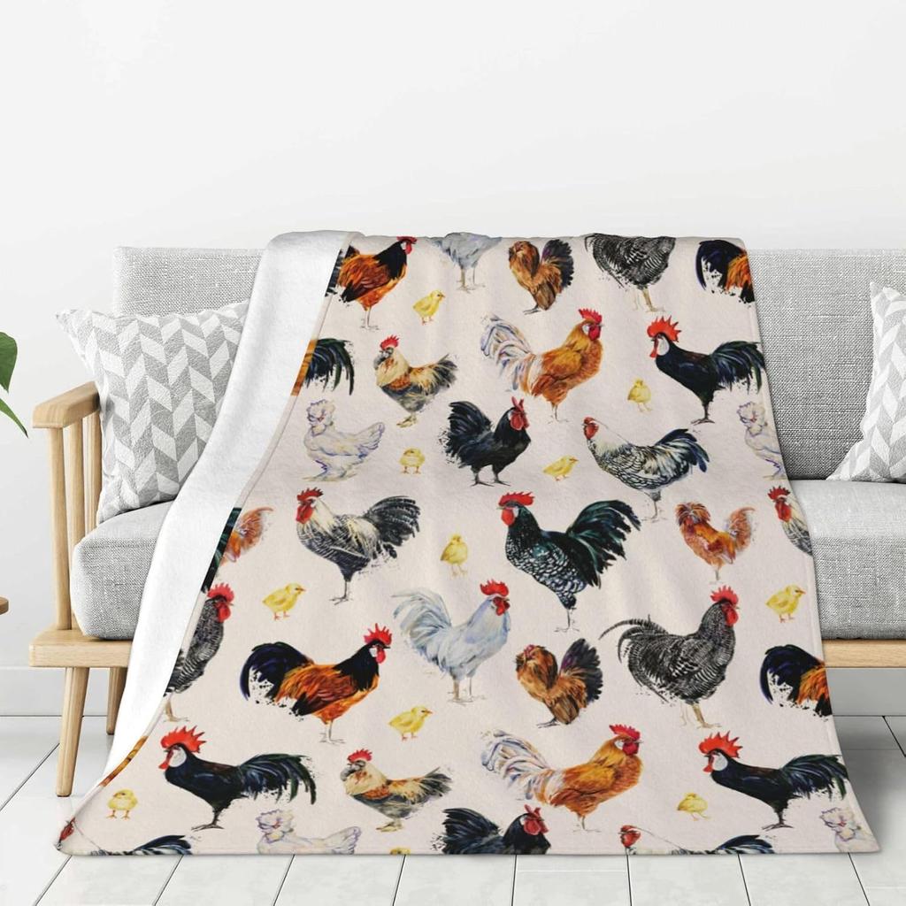 Soft Flannel Throw Blanket Watercolor Rooster Hen Chick Print Lightweight Cozy Warm Sofa Bed Farm Home Decor
