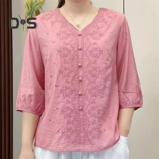 Women Shirt V-neck Half Sleeve Embroidery Floral Pattern Loose Fit Tops Solid Color Casual Blouse Daily Wear