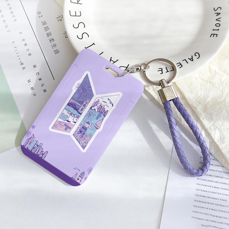 BTS Sliding Photocard Holder, Protective ID Badge Card Case with Braided Keychain Strap, Student Campus Bus Meal Card Protector Merch for ARMY