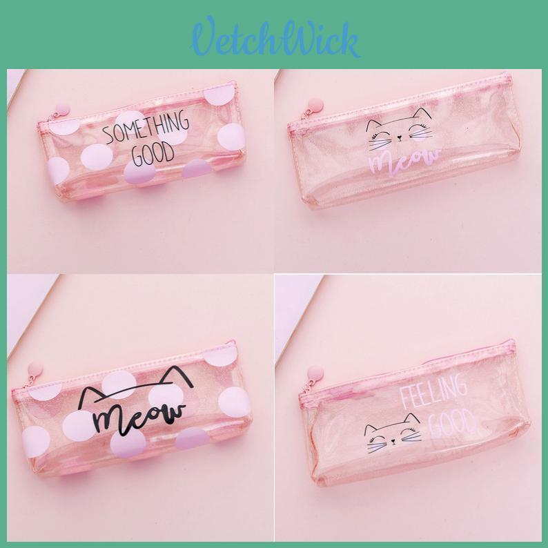Cat Shape Transparent Pen Pouch With Glitter Material For Back To School Supplies