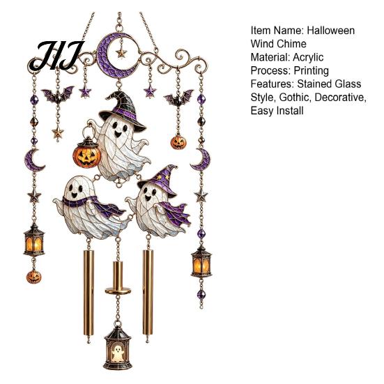 Bat Moon Themed Decor Halloween Stained Glass Style Wind Chime, Acrylic Suncatcher Hanging Ornament with Ghost Black Cat Artistic Window Light