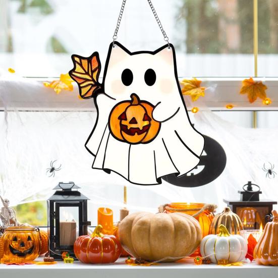 Хэллоуин Милый Призрак Ловец Солнца Витражный Стиль Акриловый Подвесной Декор для Окна Призрак Ловец Света для Украшения Окна Стены