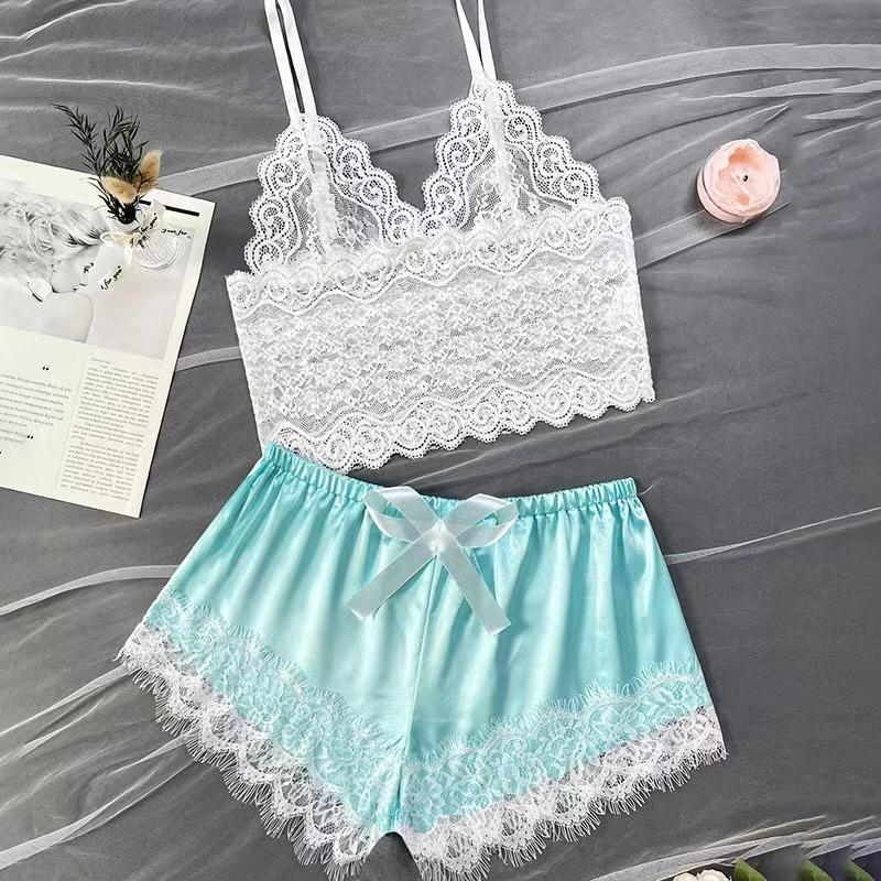 Женская сексуальная кружевная одежда для сна, кружевное нижнее белье Nachtkleding, без рукавов с v-образным вырезом, пижамный комплект Babydoll, комплект нижнего белья, топы и шорты, комплект ночного белья