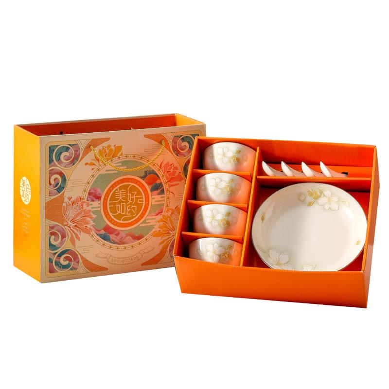 Японская посуда, Маленькая свежая керамическая миска-тарелка с подглазурной росписью, Подарочный набор в коробке, Миска для подарка на открытие бизнес-мероприятия