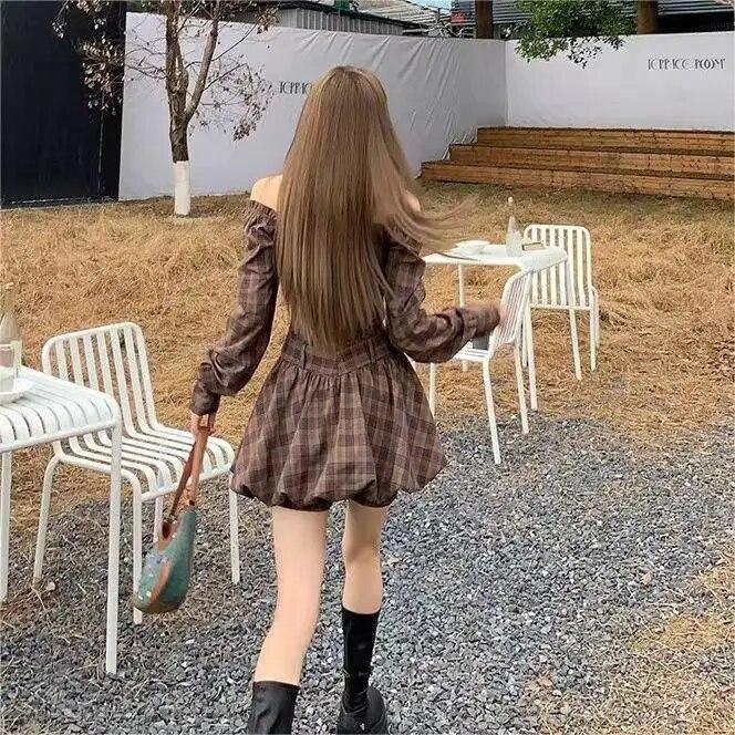 Модное женское мини-платье в клетку с квадратным вырезом, элегантное платье трапециевидной формы с длинным рукавом, новое весеннее короткое платье с разрезом на шее