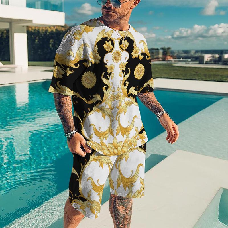 Летний быстросохнущий мужской спортивный комплект, состоящий из 2 предметов с 3D-печатью, золотой линией, черный комплект, мужская футболка в европейском роскошном стиле + пляжные брюки