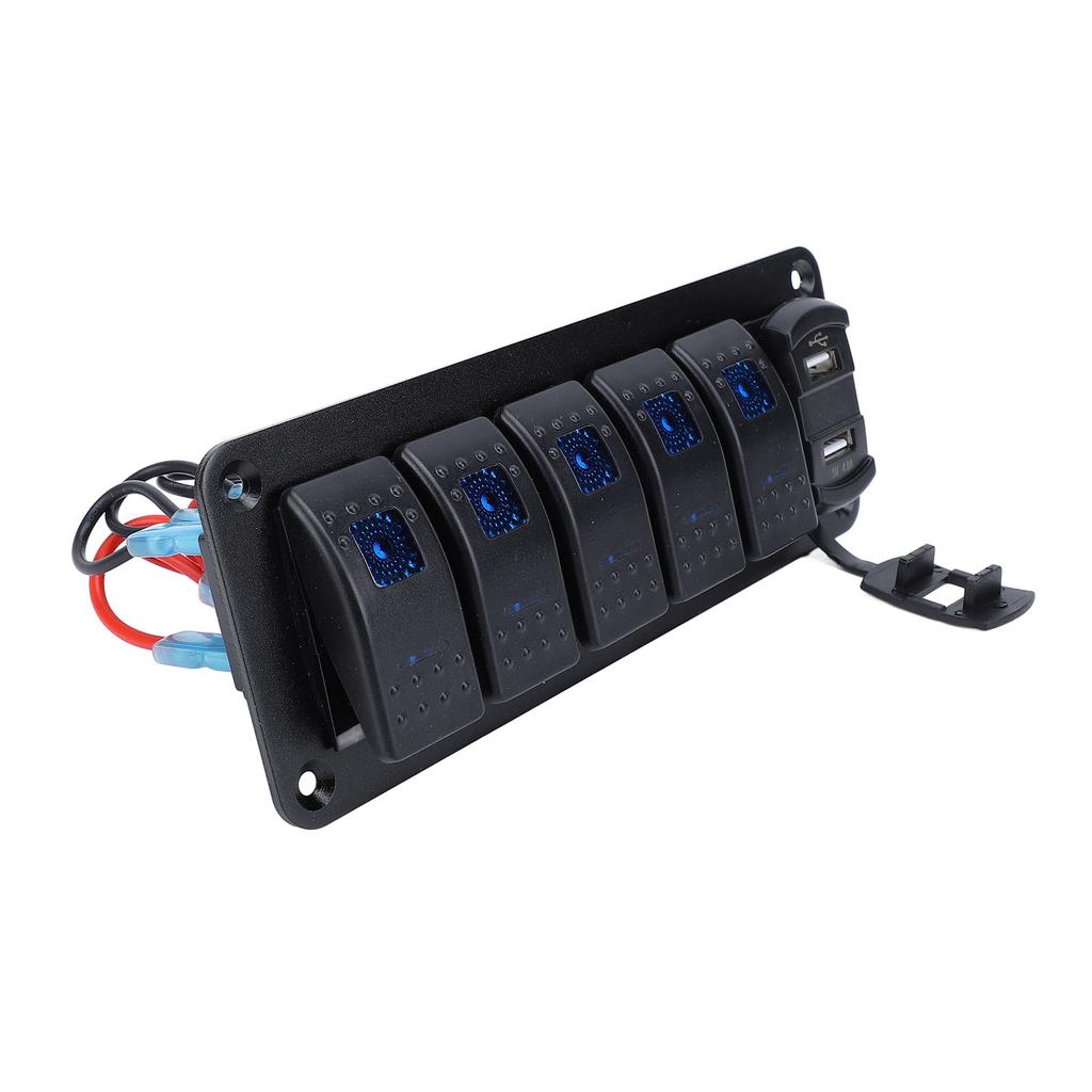 5 Gang Rocker Switch Panel with 4.8A Dual USB Charger Voltage Meter Universal Fit for DC12 To 24V Car Truck RV