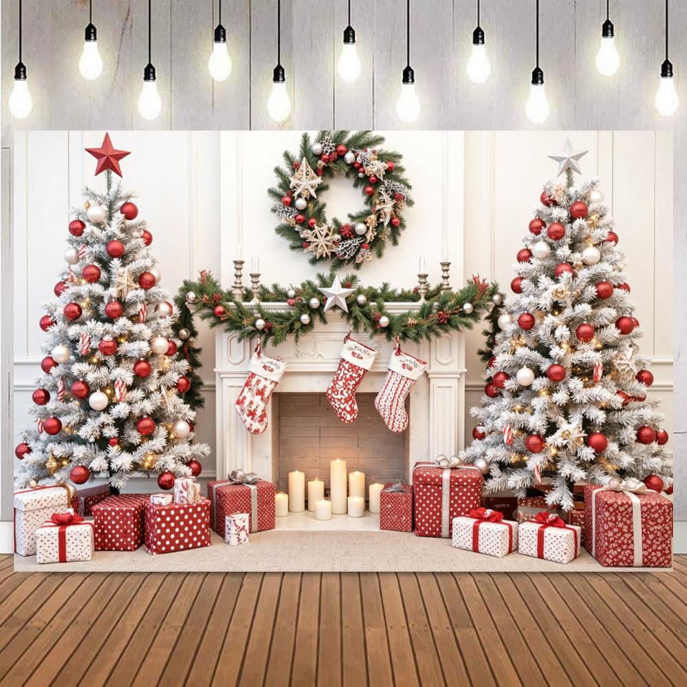 Christmas Photography Backdrop Xmas Tree Fireplace Wreath Stocking Black Winter Holiday Party Decor Banner Photo Backgrounds