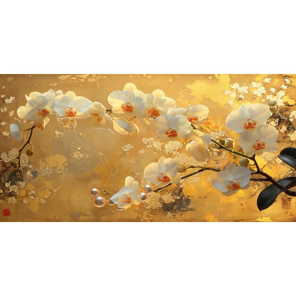 Modern Light Luxury Gold White Phalaenopsis Print Canvas Painting, White Orchid Pearl Wall Art, For Living Room Decor, No Frame