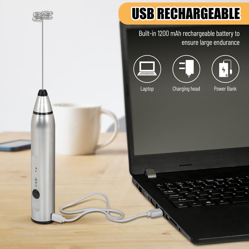 Electric Handheld Egg Whisk Milk Frother Foam Maker USB Rechargeable Mixer with 2 Stainless Steel