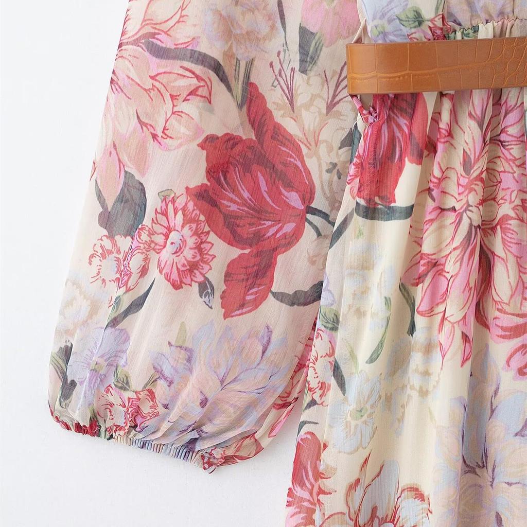 Весеннее платье миди с цветочным принтом, поясом, воротником-бантом и длинными рукавами для женщин.