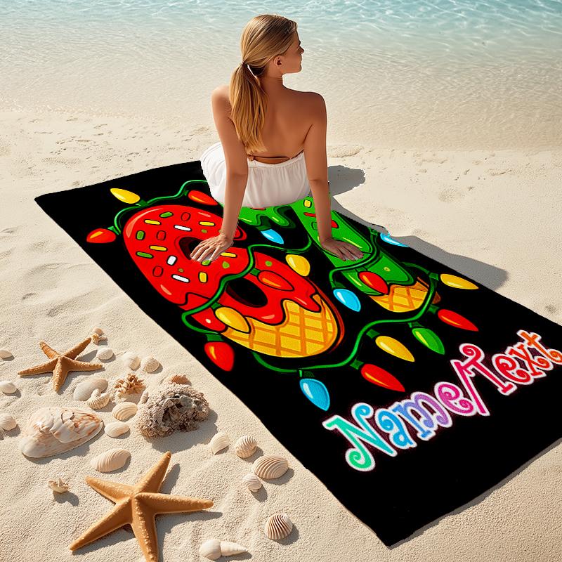 1PC Custom Name Christmas Donut Celebration Beach Towel Highly Absorbent And Sand-Resistant Towel for Swimming, Pool, Yoga, And Travel Lightweight