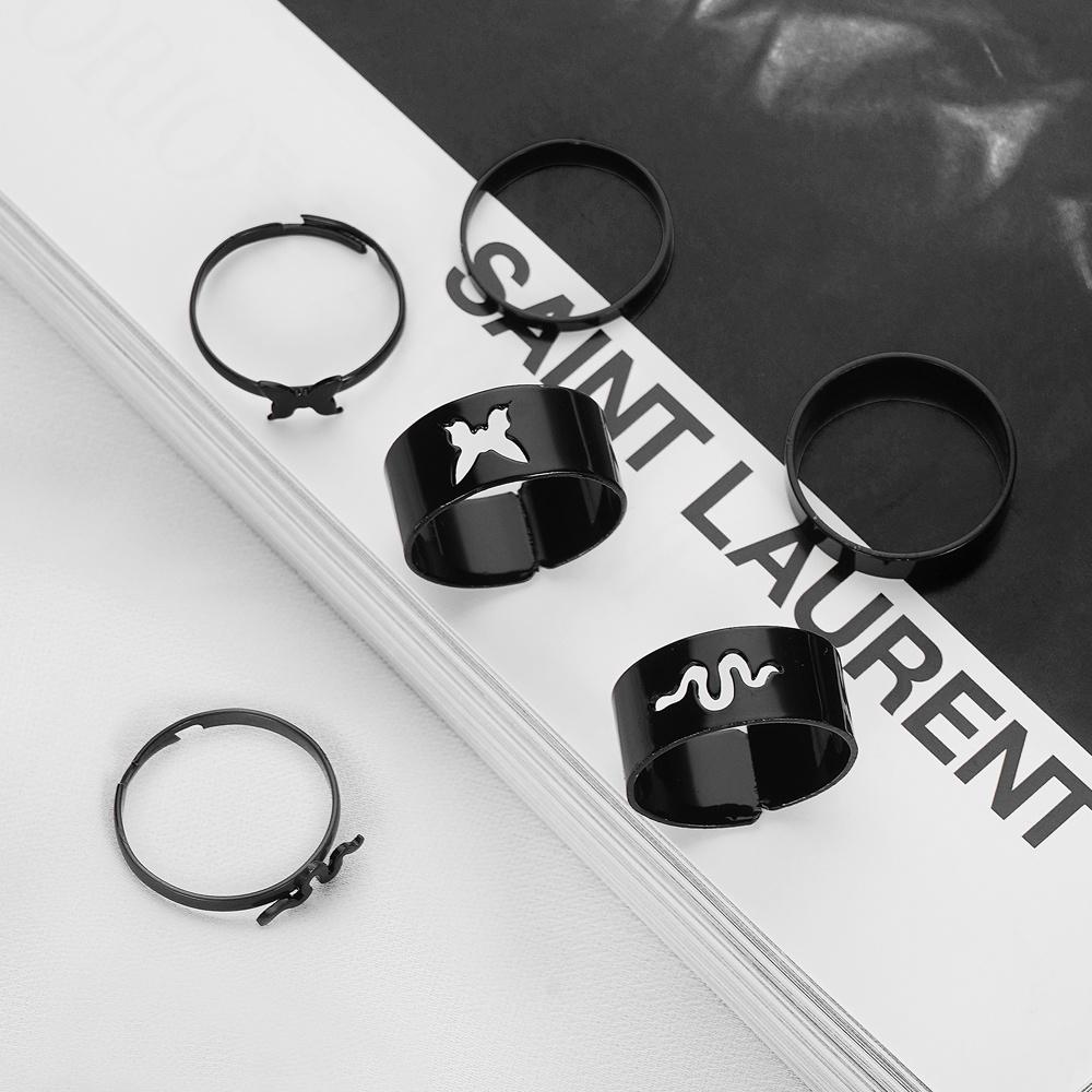 Модные панк-черные кольца-бабочки в виде змеи, набор для женщин, геометрические полые кольца, ювелирные изделия