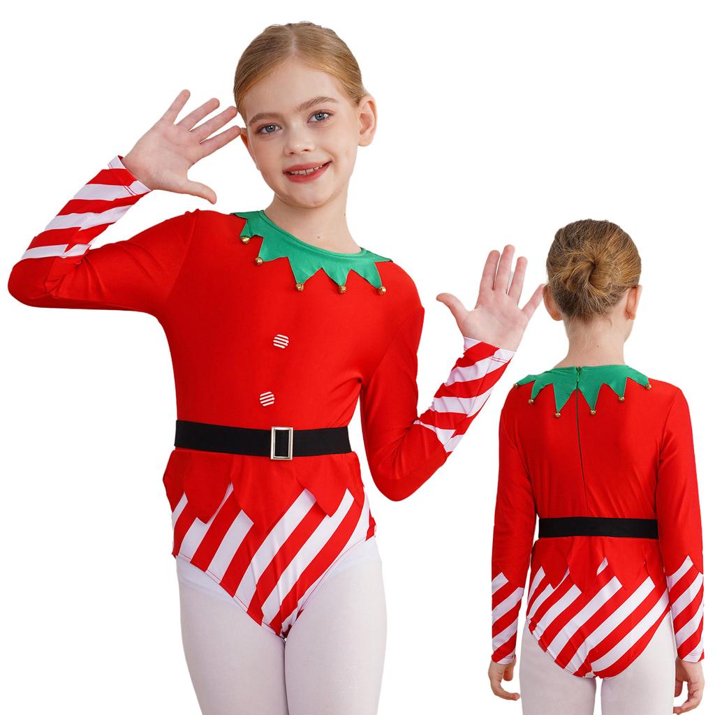 Kids Dance Leotard Christmas Costume Long Sleeve Stripes Brass Bells Belt Athletic Wear