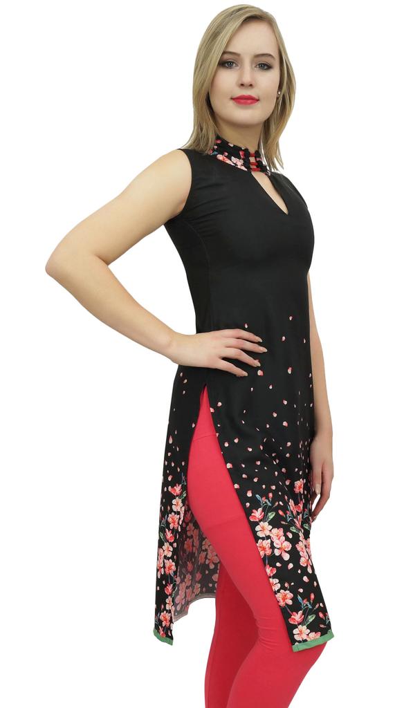 Bimba Women's Sleeveless Black Floral Printed Tunic Designer Kurta Kurti-10