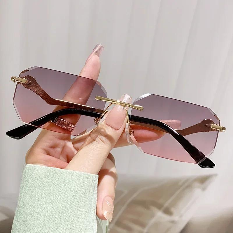 Новые Модные Тренд Маленькие Прямоугольные Солнцезащитные Очки Ретро Металлические Безободковые Градиентные Линзы UV400