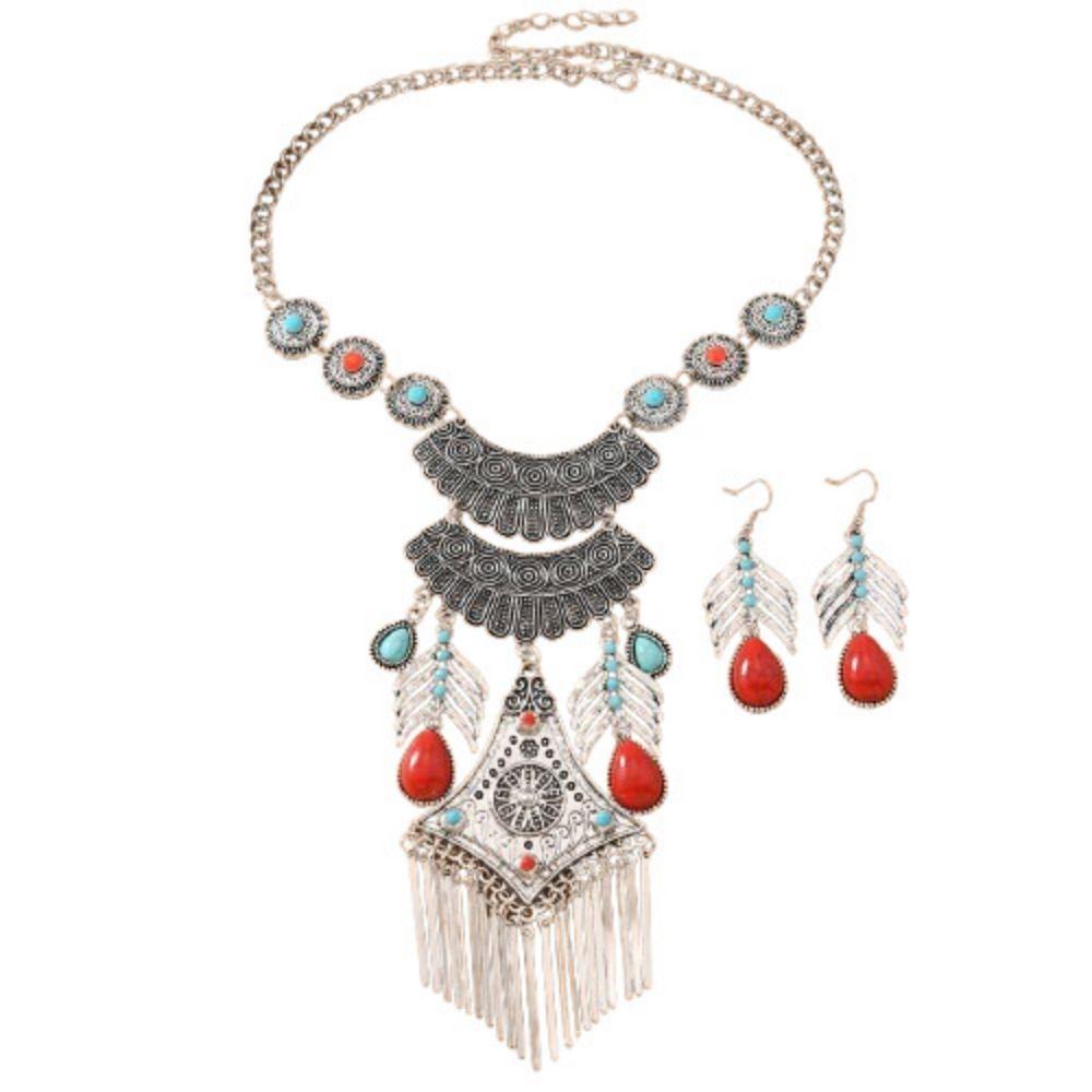 Exaggerated Long Tassels Necklace Earrings Imitation Turquoise Neck Jewelry Jewelry Accessories