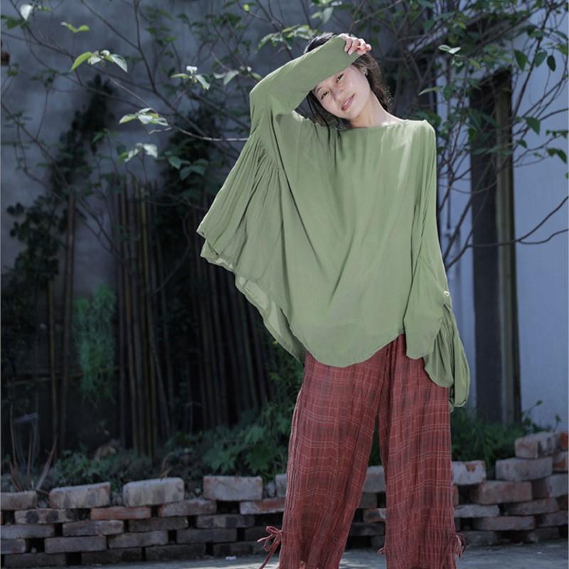 Johnature Women Irregular Vintage Summer T-Shirts O-Neck Long Sleeve Cotton Blend Solid Color Tees Soft Women T-Shirts