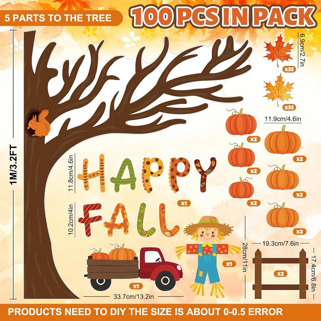 Whaline 100Pcs Happy Fall Tree Bulletin Board Decorations Thanksgiving Maple Leaf Tree Pumpkin Scarecrow Cutouts Autumn Classroom Decor for Fall