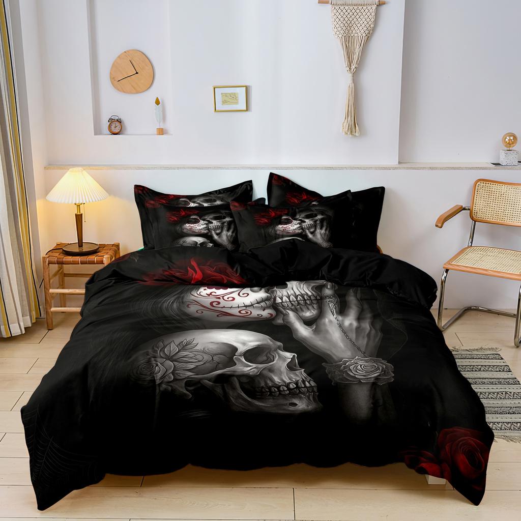 3 предмета Готический мексиканский сахарный череп Женщина Пододеяльник Постельное белье Цветочные и черепные узоры - Идеально для празднования Дня мертвых