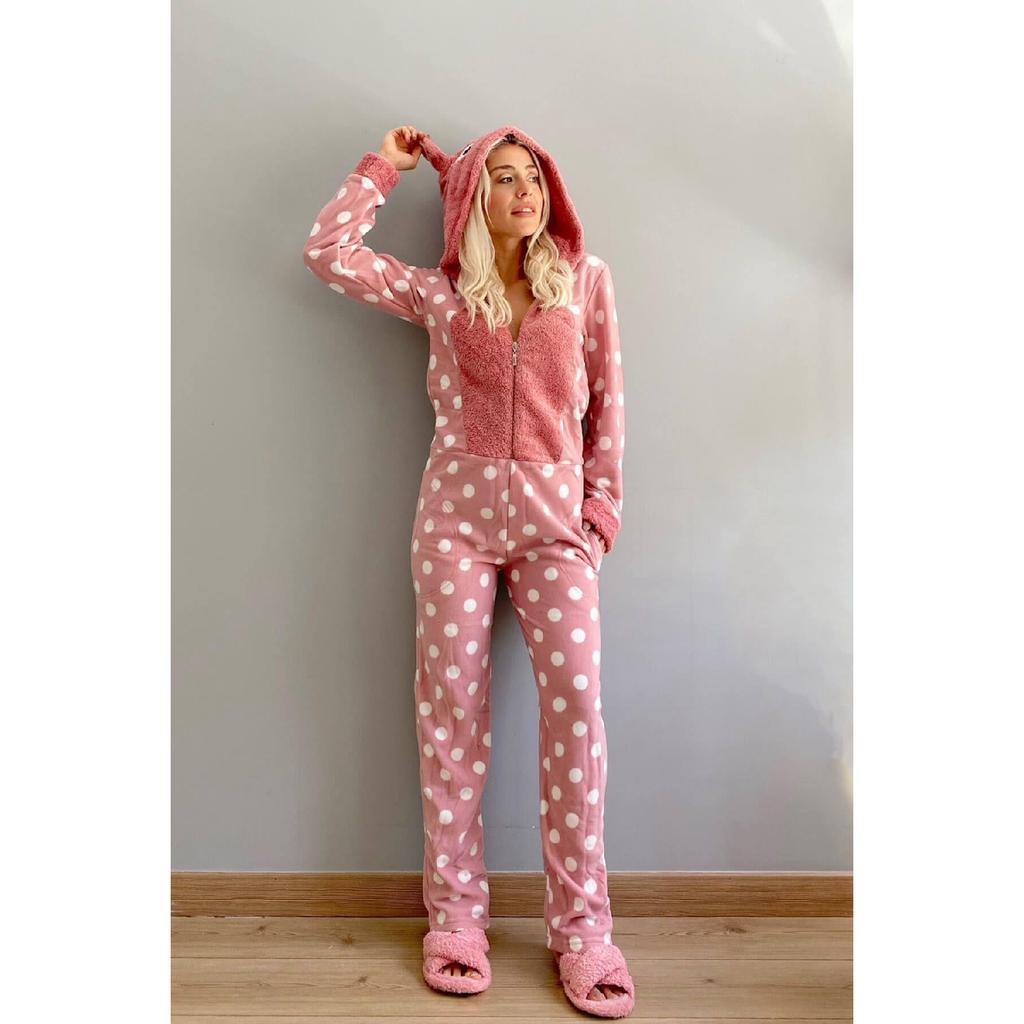 Серый женский флисовый плюшевый комбинезон с рисунком в горошек, пижама