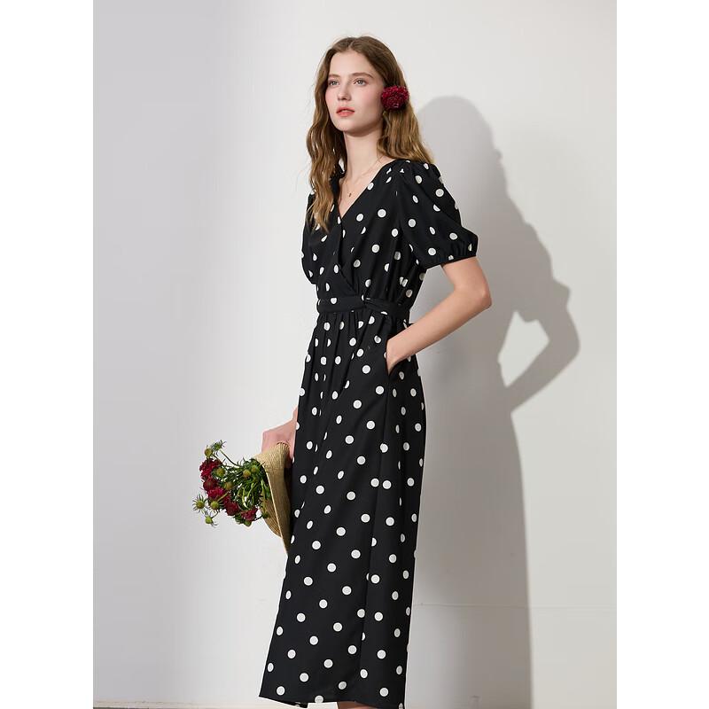 Sancai 2025 Летнее платье в горошек с V-образным вырезом А-силуэта длинное