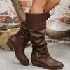 Fashion Vintage Brown Long Western Cowboy Boots Women 2025 Winter Comfort Thick Heel Knee-High Black Boots Metal Buckle Plus Size Shoes