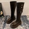 Модная кожаная женская обувь на массивном высоком каблуке, высокие ботинки до колена, на среднем каблуке, женская обувь, тренд 2025, модные зимние элегантные мотоциклетные ботинки, Mujer Botas