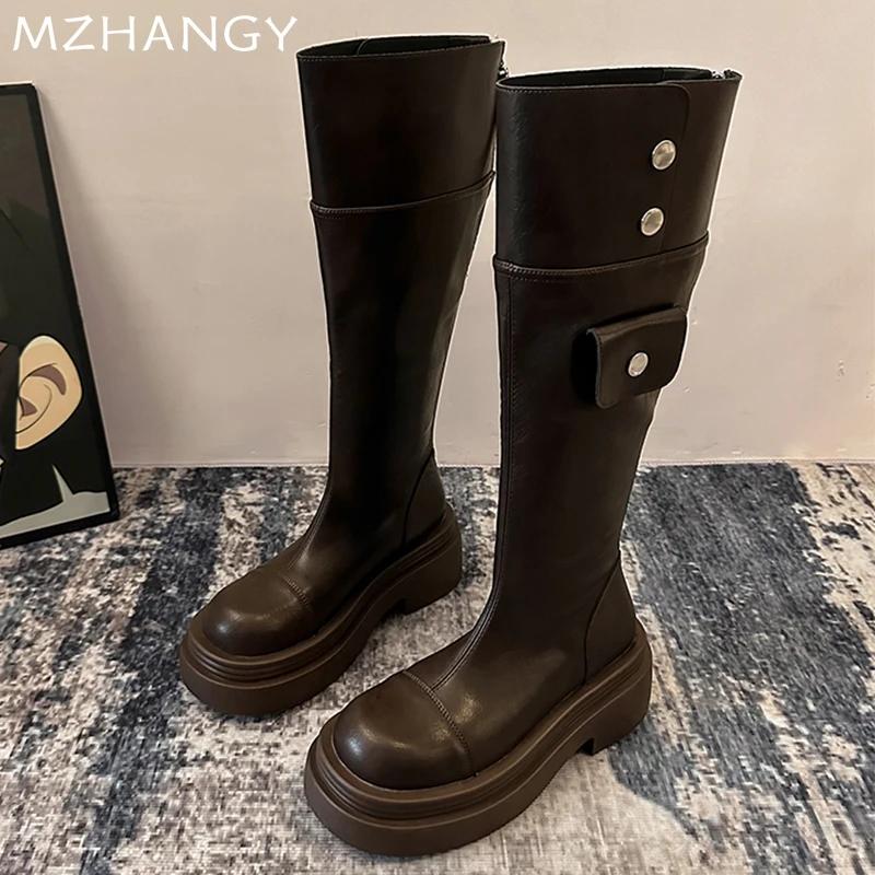 Модная кожаная женская обувь на массивном высоком каблуке, высокие ботинки до колена, на среднем каблуке, женская обувь, тренд 2025, модные зимние элегантные мотоциклетные ботинки, Mujer Botas