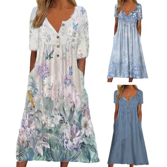 Summer Women Dress A-line Loose Hem Pleated O Neck Half Button Closure Short Sleeve Loose Side Pockets Retro Floral Print Mid-calf Length Commute