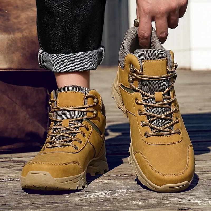 Fashion Boots Men High Top Boots High Quality Leather Hiking Shoes Fashion Outdoor Men Lace Up Non-Slip Ankle Boots Waterproof Big 48