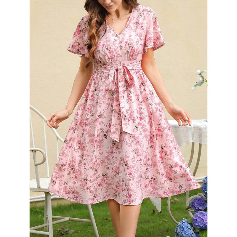Летнее женское платье с коротким рукавом и принтом, свободное, модное, с V-образным вырезом, оборками, шнуровкой, цветочным принтом, повседневные платья для женщин, элегантное, тонкое, винтажное, сексуальное платье 26175