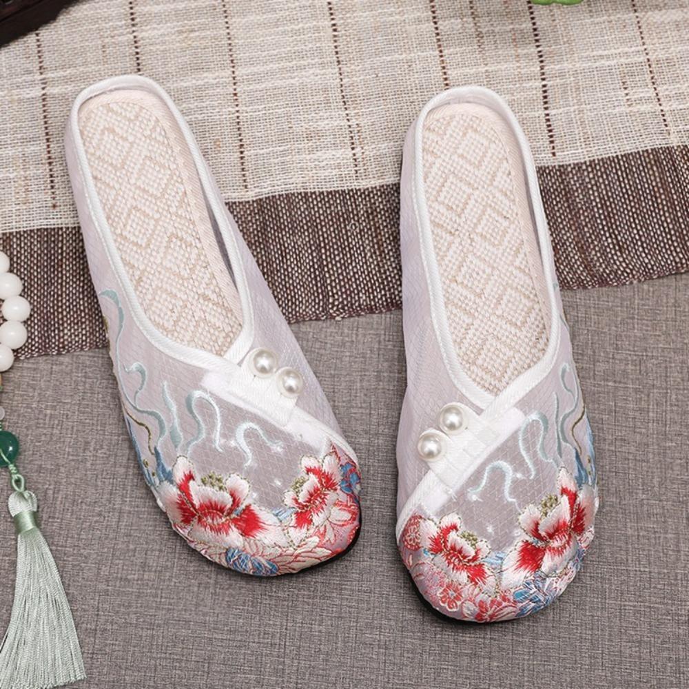 Жемчужные тапочки Ханфу Сетчатые вышитые туфли Этнический стиль Тапочки Баотоу Аксессуары для Ханфу