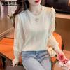 Spring New Ice Silk Knitted Shirt for Women with Chiffon Sleeves Long Sleeve Knitted T-shirt Top