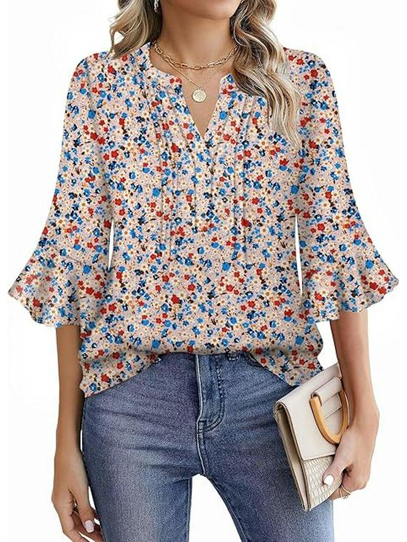 Шифоновая блузка Lotus Leaf 2025 с V-образным вырезом - Однотонная, с рукавами три четверти, Повседневная, свободного кроя