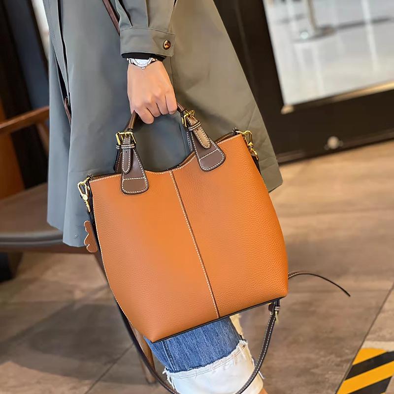 2023 Women's Genuine Leather Bucket Bag - Trendy Large-Capacity One-Shoulder Tote & Commuter Handbag