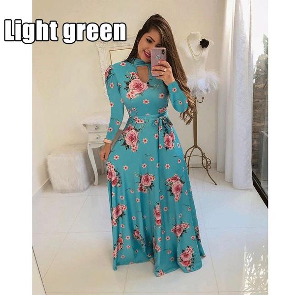 Модное женское повседневное платье с длинным рукавом, платья макси, платье с высокой талией и цветочным принтом, вечернее платье