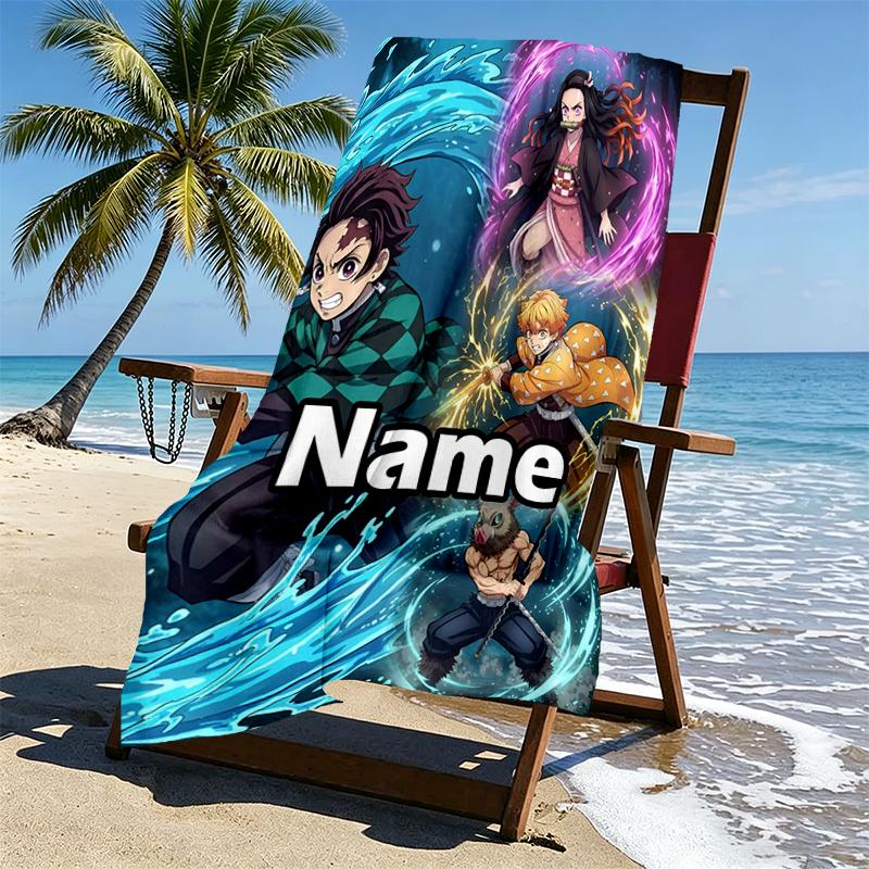 Custom Name Personalized Demon Slayer Print Beach Towel, for Trip Camping Beach Party Home Decor, Birthday Gift for Family & Friends