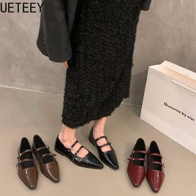 Модные женские туфли Мэри Джейн с острым носком, модные туфли с неглубокой застежкой, женские повседневные туфли для платья на низком каблуке, кожаные туфли