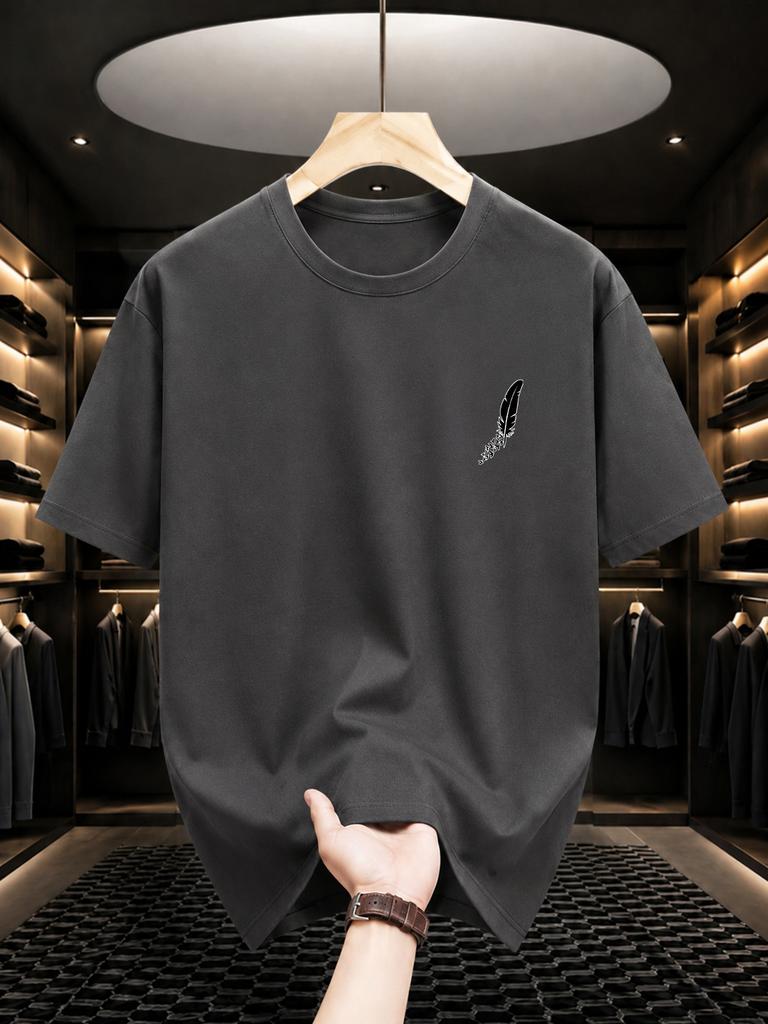2026 New 100 Cotton Tee Minimal Left Chest Feather Small Graphic Casual Short Sleeve