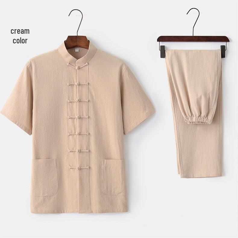 Мужской летний костюм для тай-чи из хлопка и льна – Комплект костюма тан с коротким рукавом