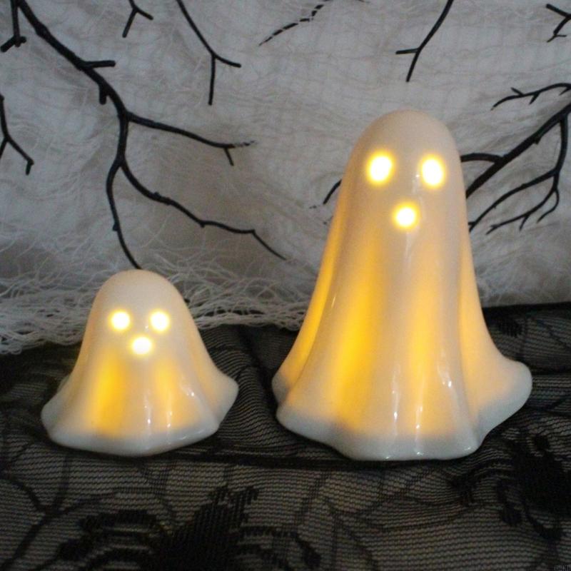 62KD 2Pcs LED Lighted Ceramics Specters Ghostly Figurine Sculpture Creative Table Centerpieces Glowing Lamp Halloween Decors